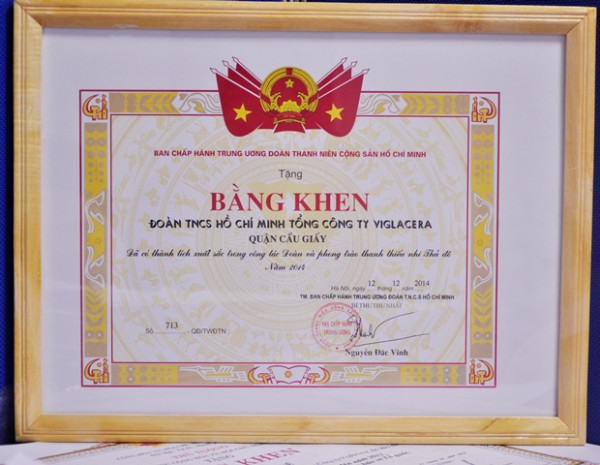 Đoàn TN Viglacera được Trung ương Đoàn tặng bằng khen cơ sở đoàn có thành tích xuất sắc năm 2014